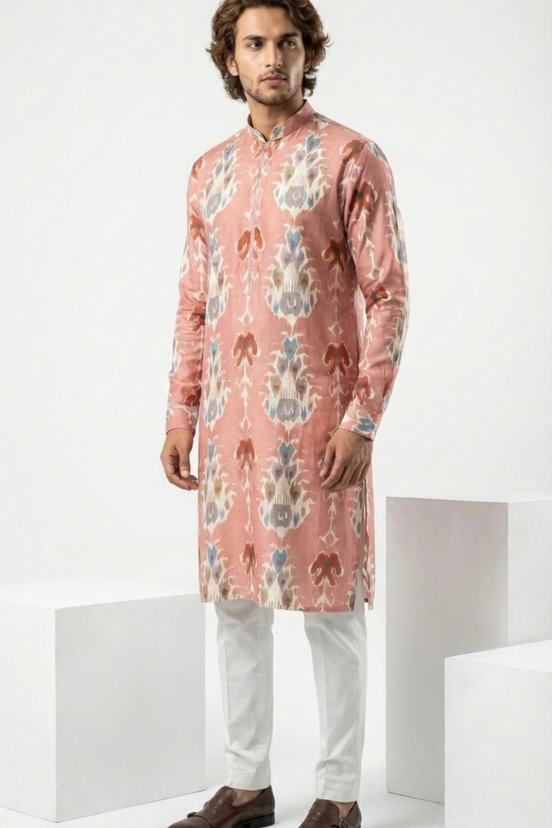 Pink printed cotton blend kurta top with a half zipper