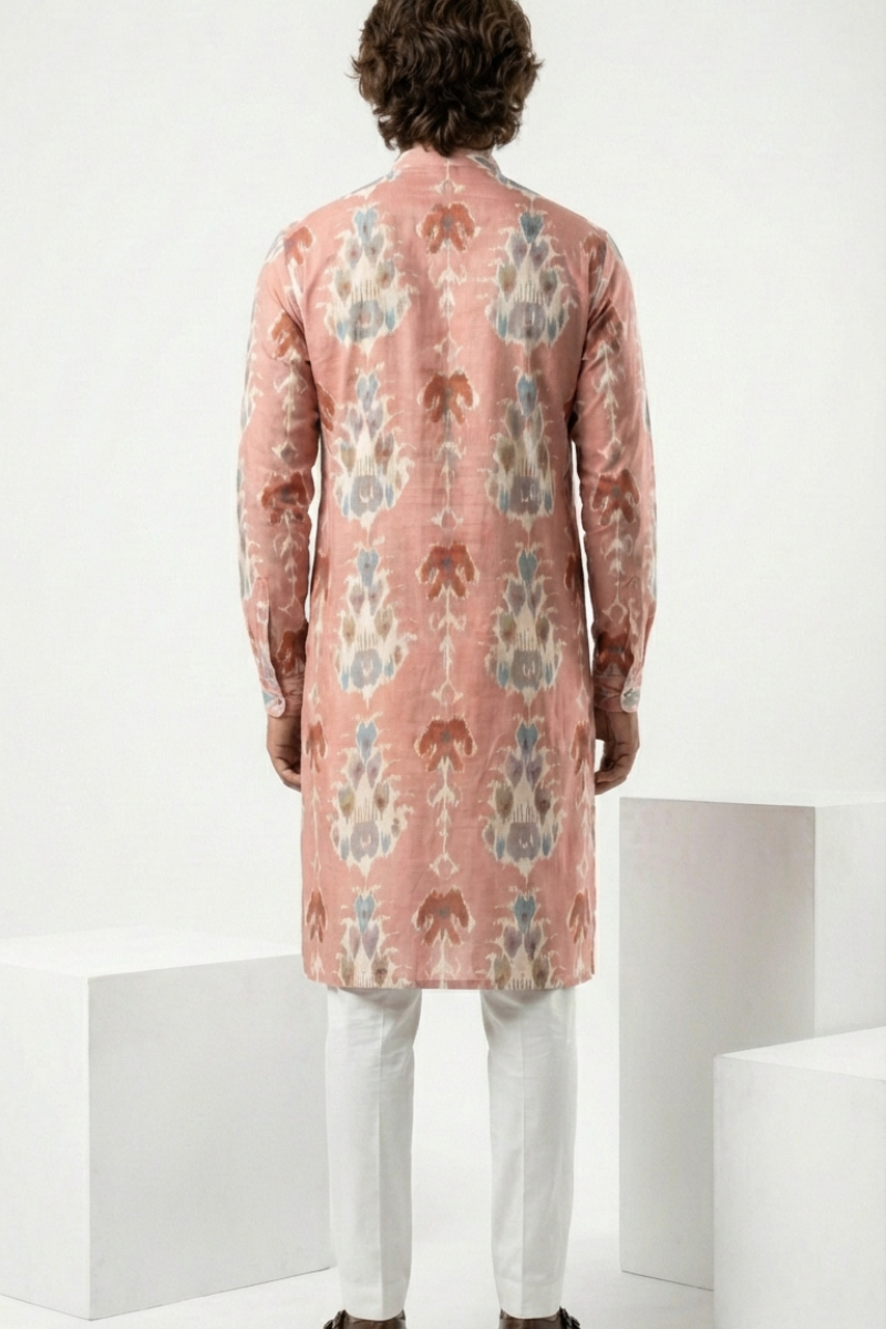 Pink printed cotton blend kurta top with a half zipper