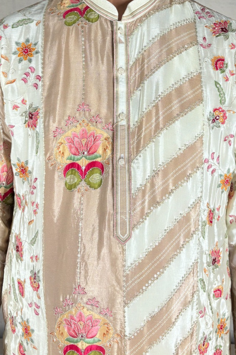 Cream satin kurta set with mandarin collar and floral print minimal embroidery
