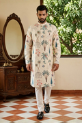 Printed cotton kurta with a band collar and a jungle-themed print