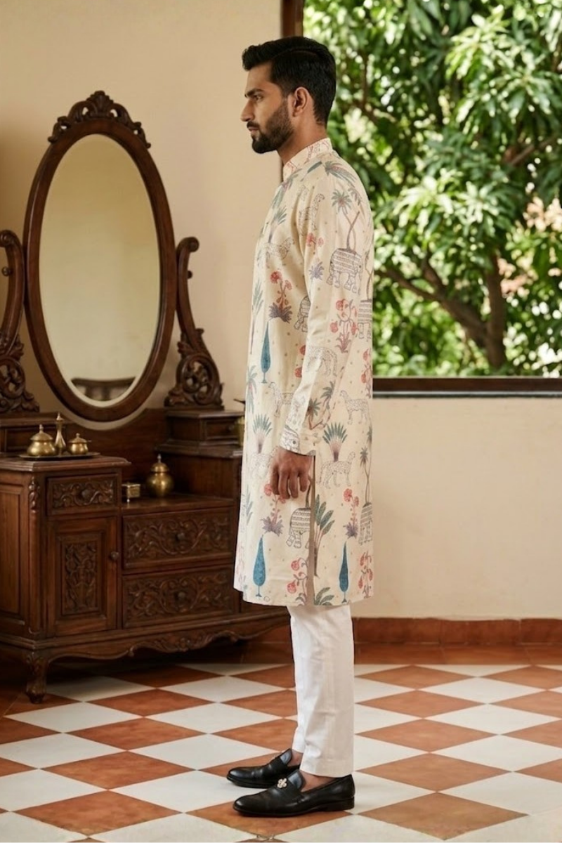 Printed cotton kurta with a band collar and a jungle-themed print