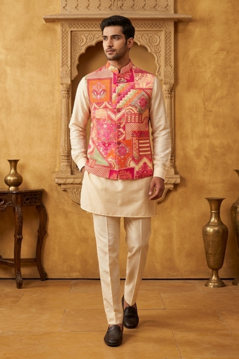Plain white  kurta set with printed bundi