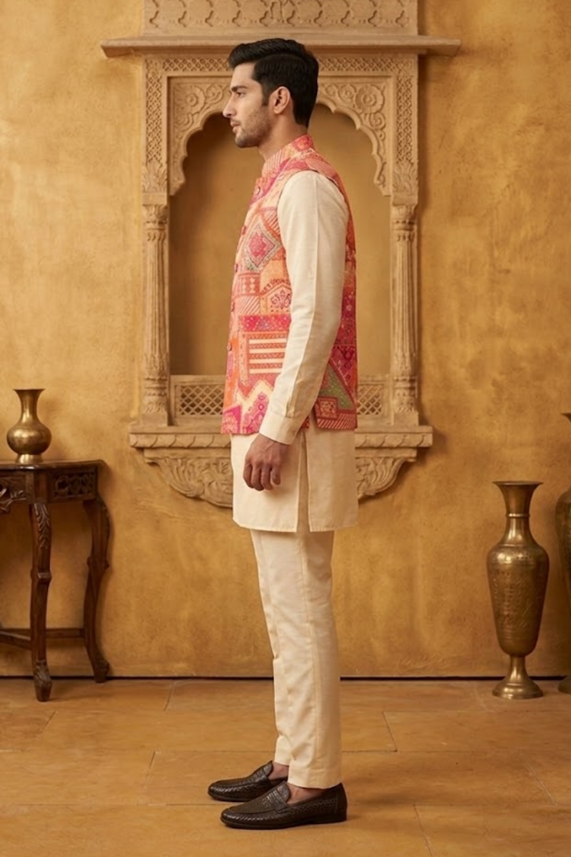 Plain white  kurta set with printed bundi