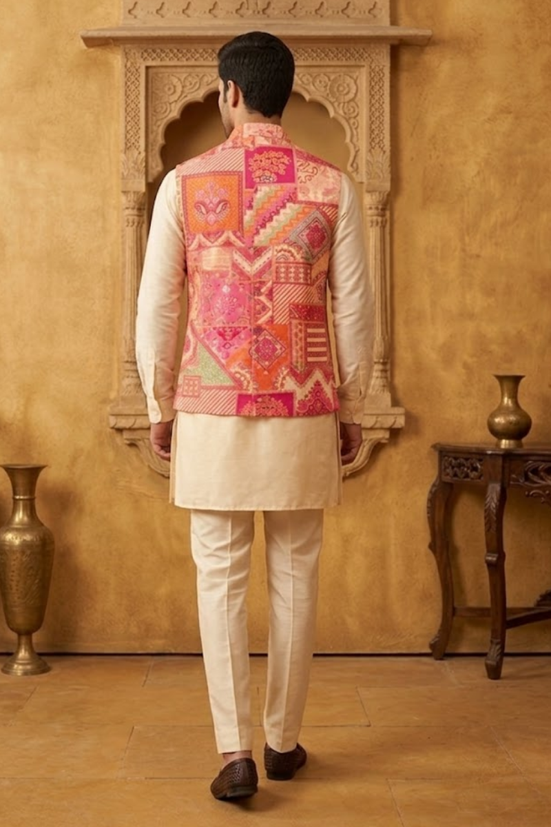 Plain white  kurta set with printed bundi