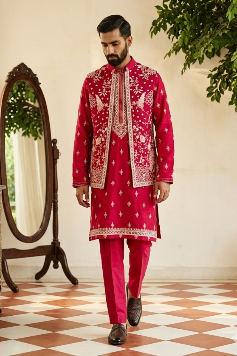 Rani colour kurta set with floral thread embroidery work bundi