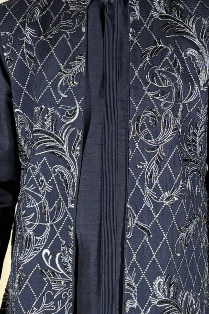 Black colour plain kurta top and pant with embroidered bundi