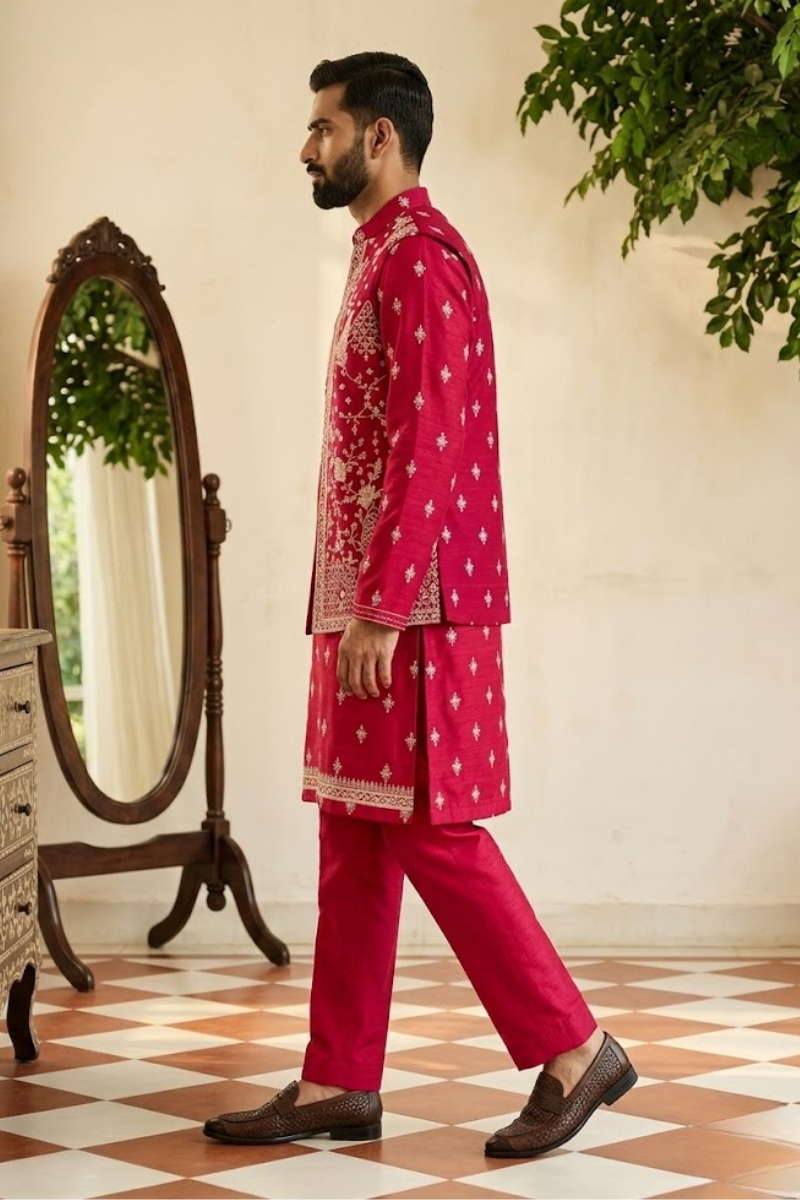 Rani colour kurta set with floral thread embroidery work bundi