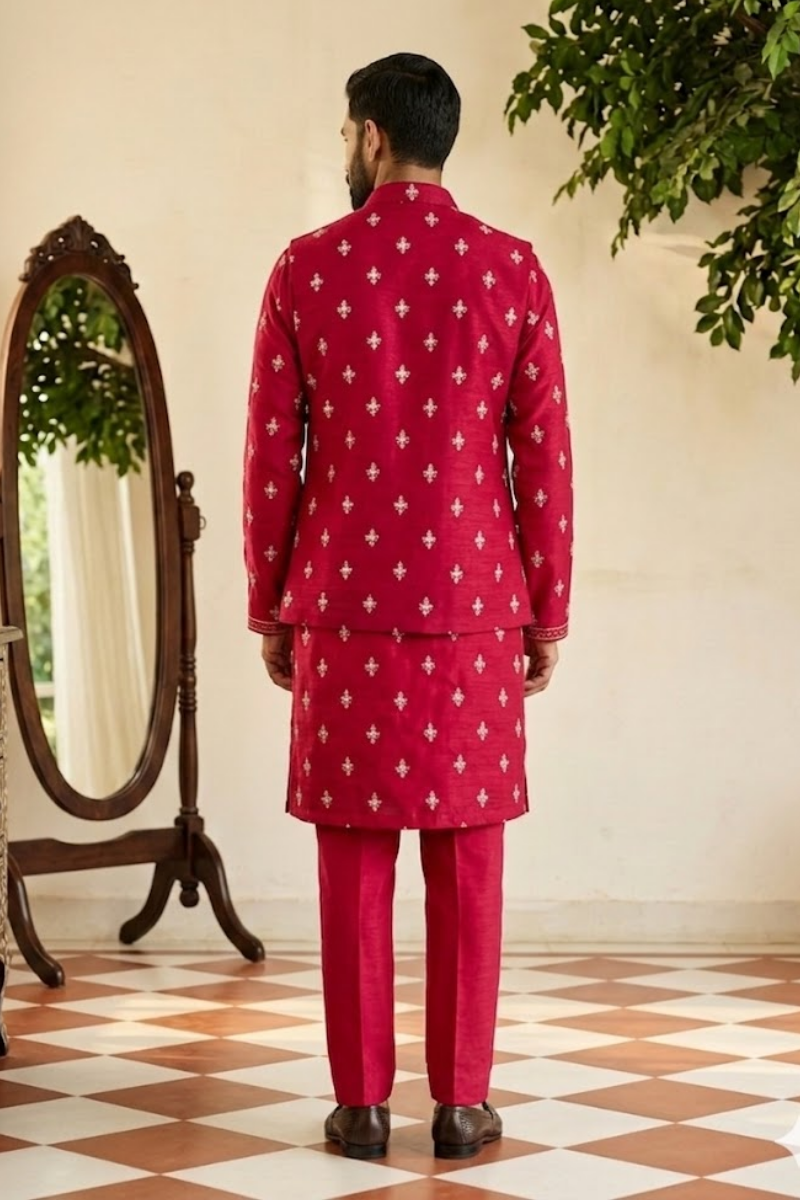 Rani colour kurta set with floral thread embroidery work bundi