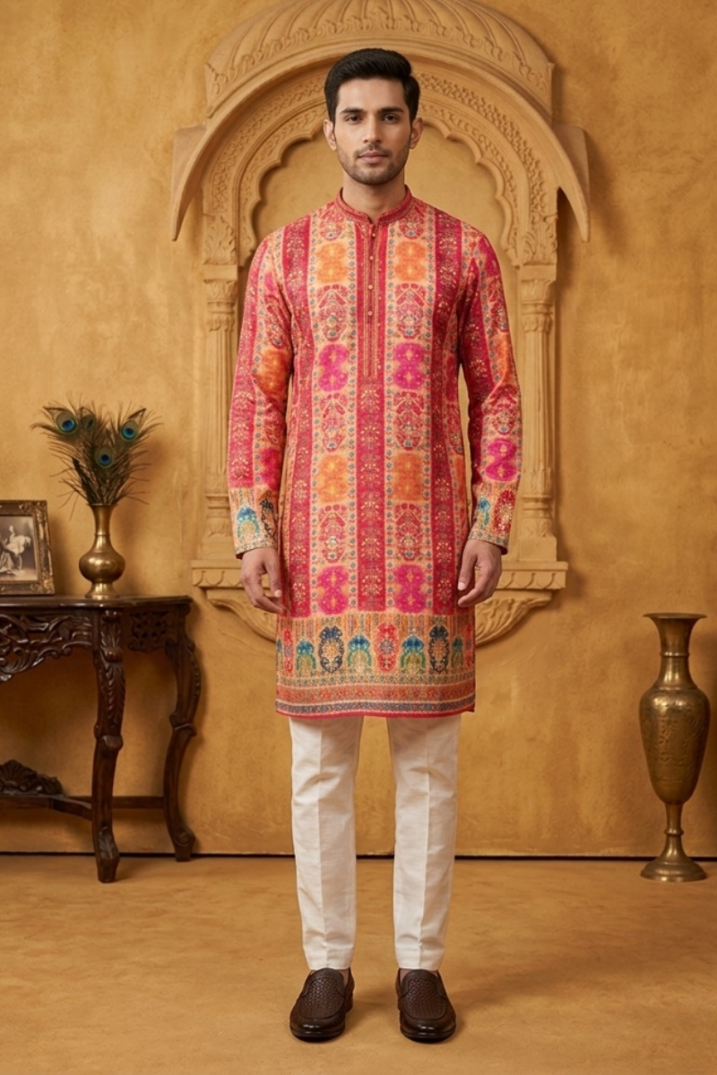 Rani  colour georgette fabric kurta with allover printed embroidery kurta set