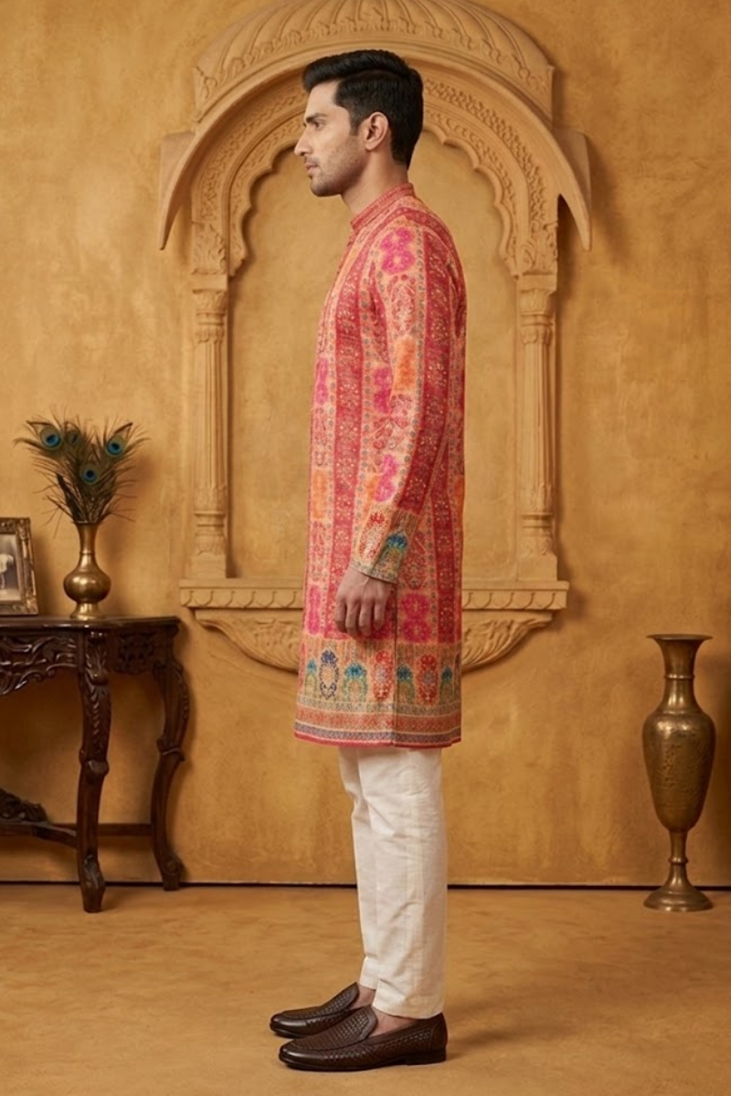 Rani  colour georgette fabric kurta with allover printed embroidery kurta set