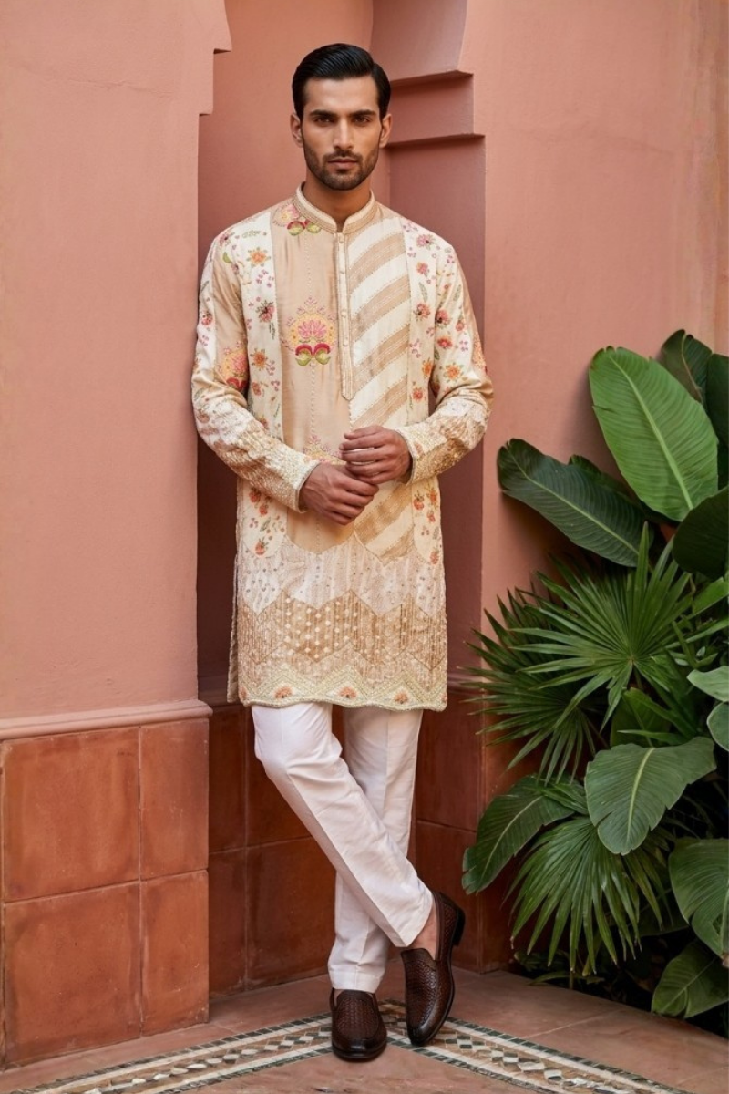 Cream satin kurta set with mandarin collar and floral print minimal embroidery
