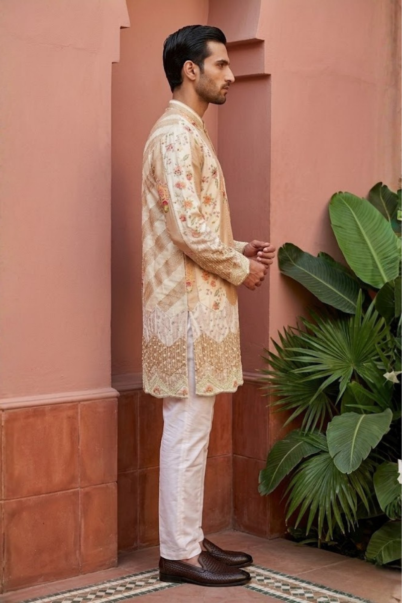 Cream satin kurta set with mandarin collar and floral print minimal embroidery