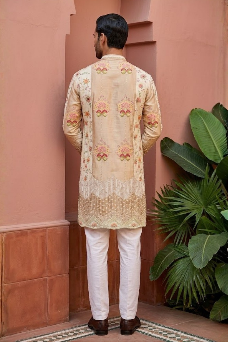 Cream satin kurta set with mandarin collar and floral print minimal embroidery