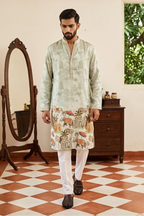 Olive colour printed kurta set with embroidered work