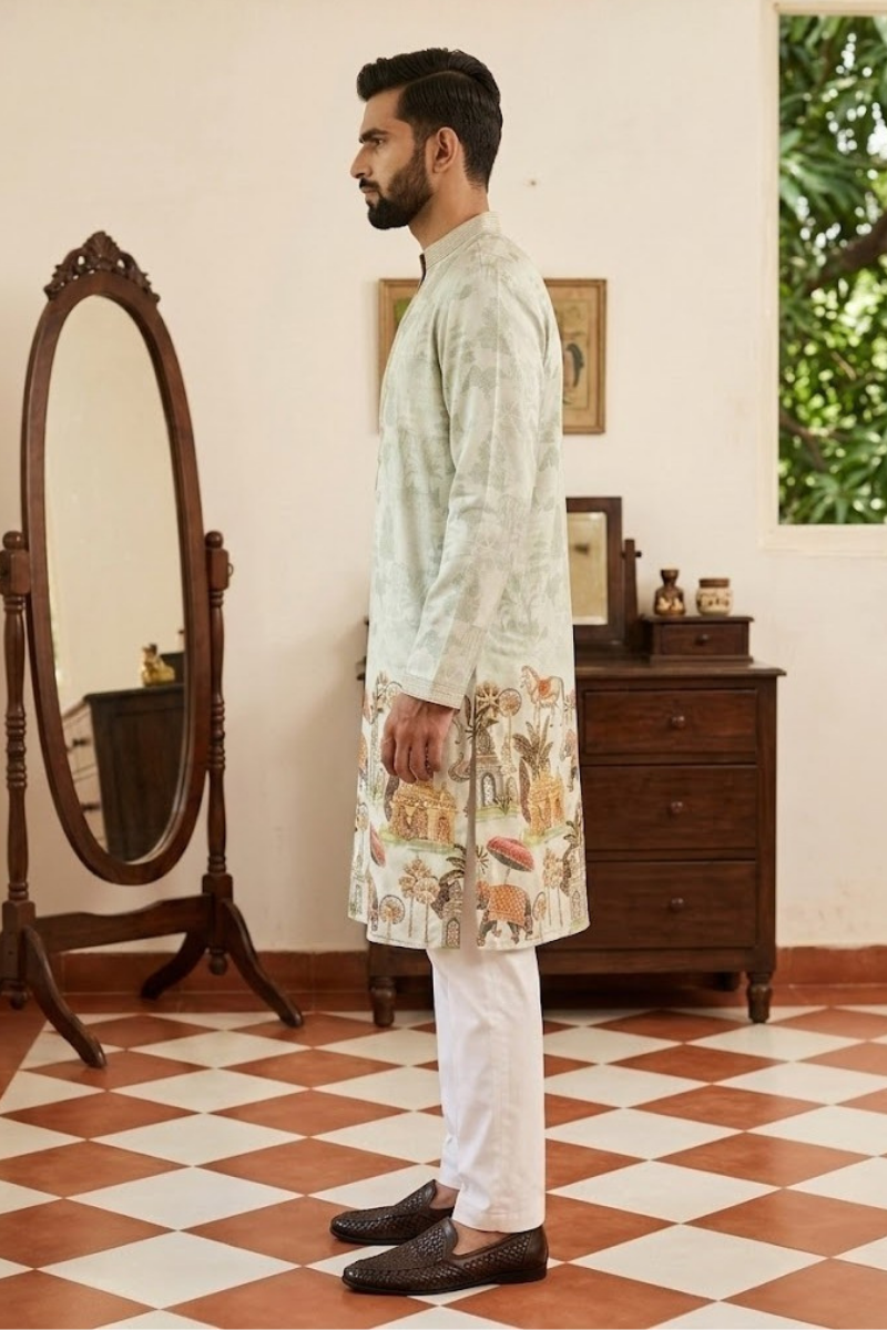 Olive colour printed kurta set with embroidered work