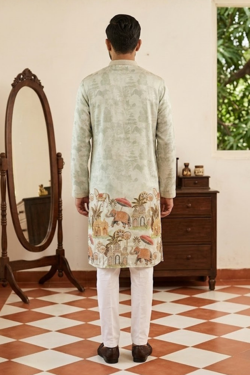 Olive colour printed kurta set with embroidered work