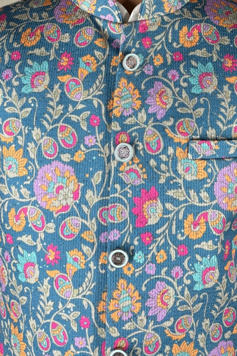 Teal blue colour with printed floral design bundi