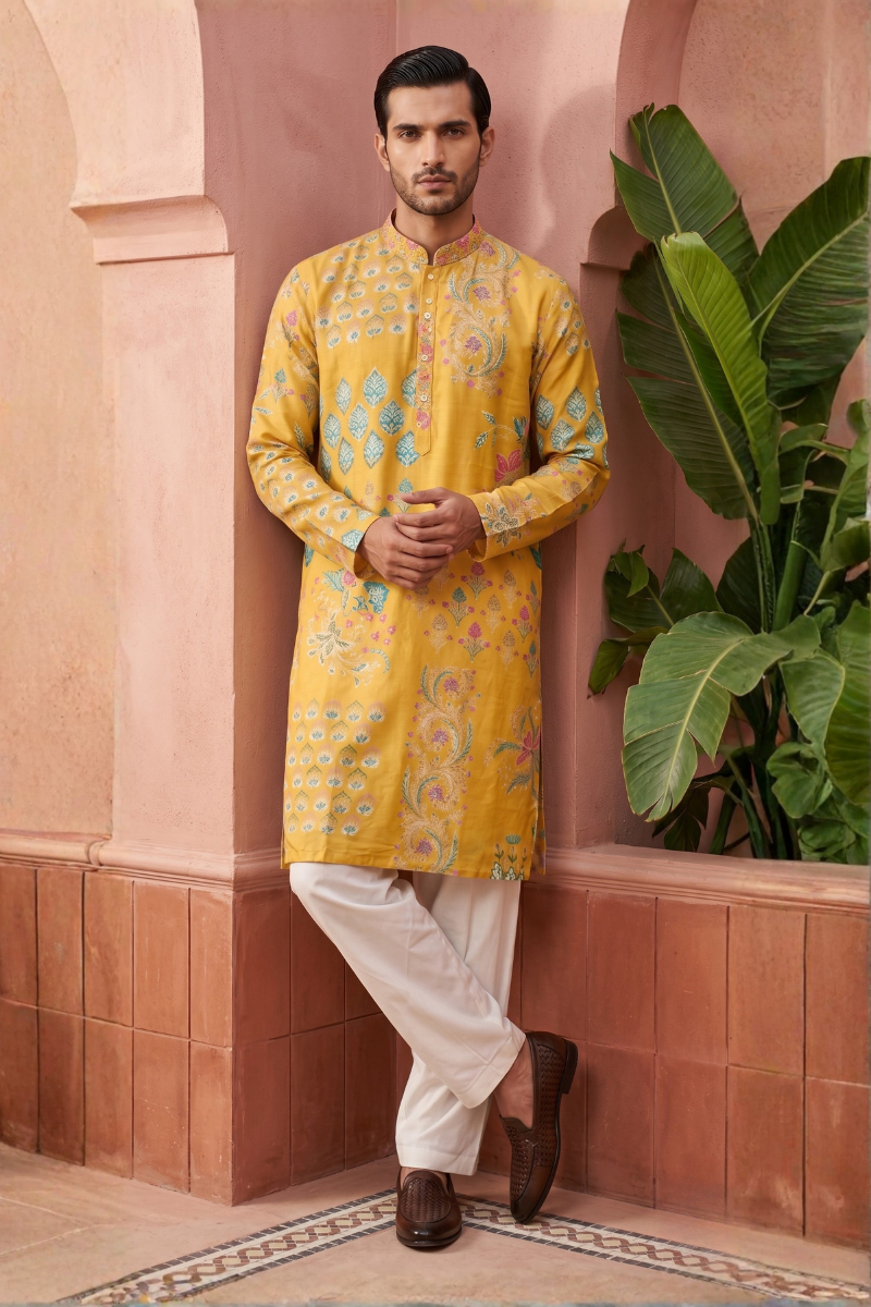 Yellow kurta with floral pattern work