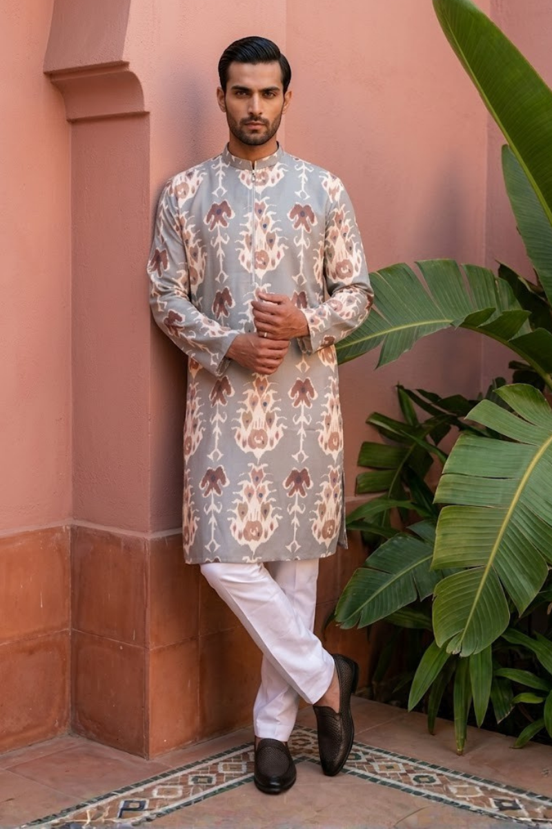 Mehndi color printed cotton blend kurta set with a half zipper