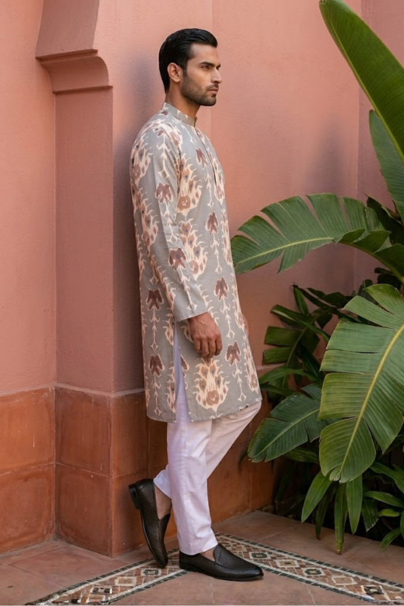 Mehndi color printed cotton blend kurta set with a half zipper