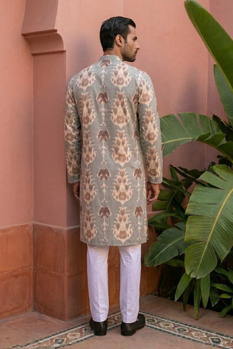 Mehndi color printed cotton blend kurta set with a half zipper