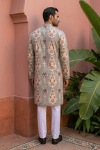 Mehndi color printed cotton blend kurta set with a half zipper