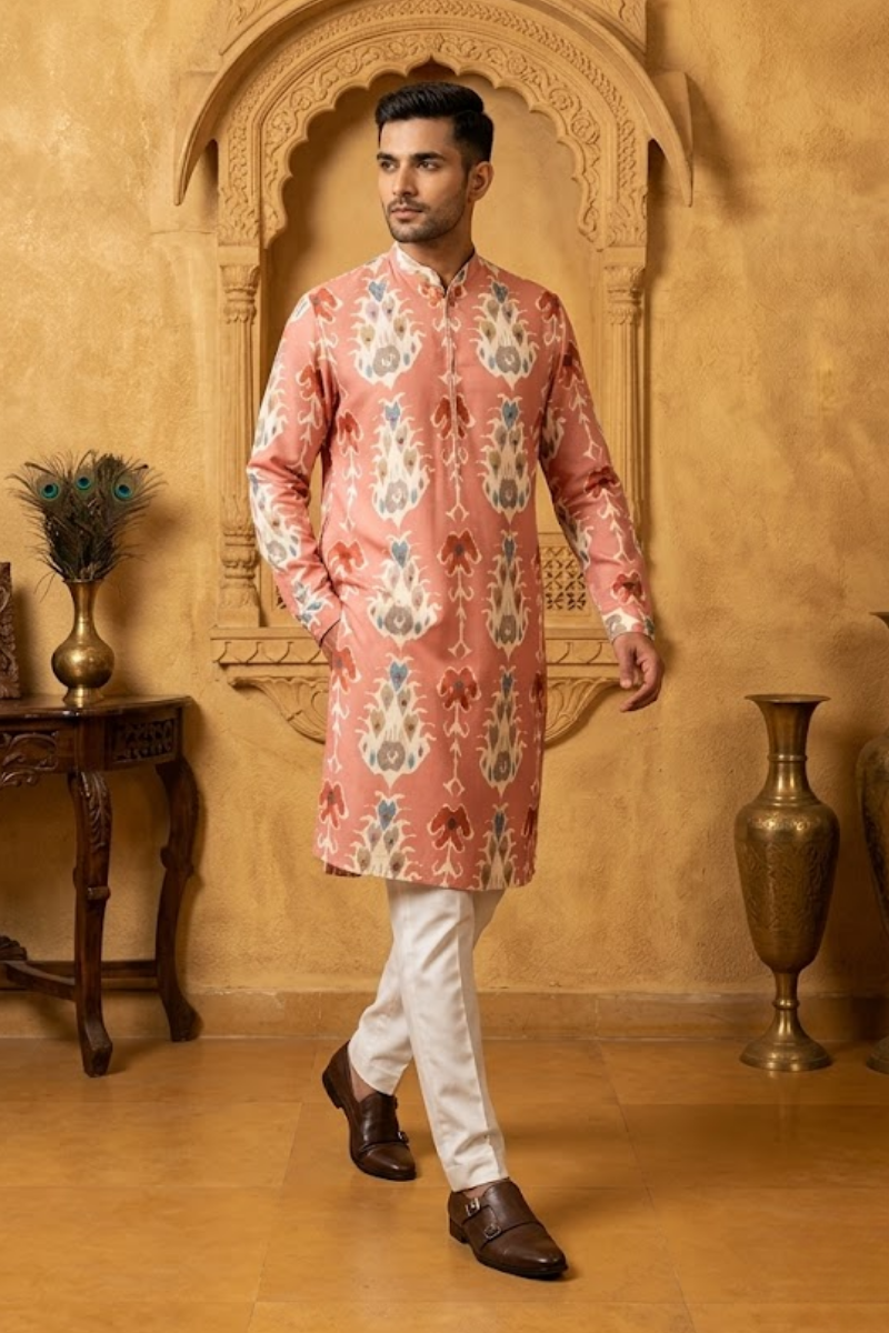 Pink printed cotton blend kurta set with a half zipper