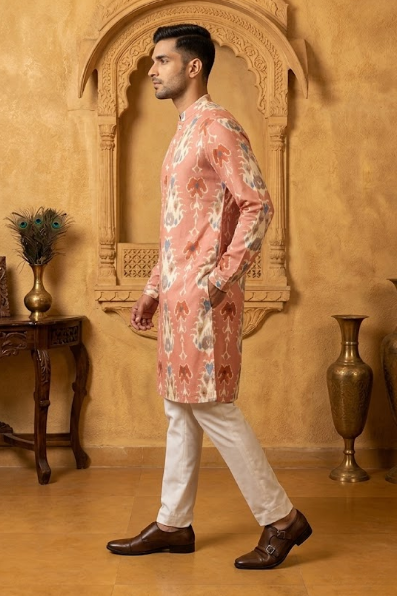 Pink printed cotton blend kurta set with a half zipper
