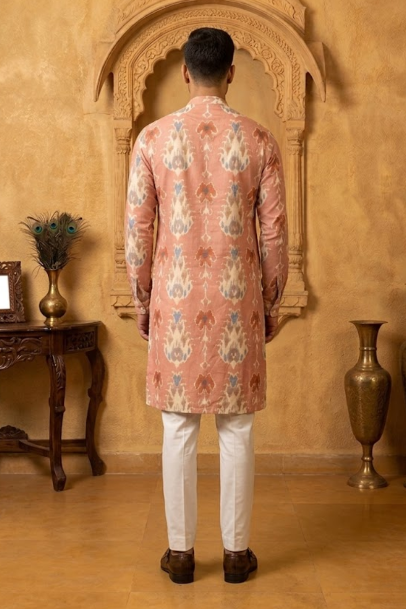 Pink printed cotton blend kurta set with a half zipper