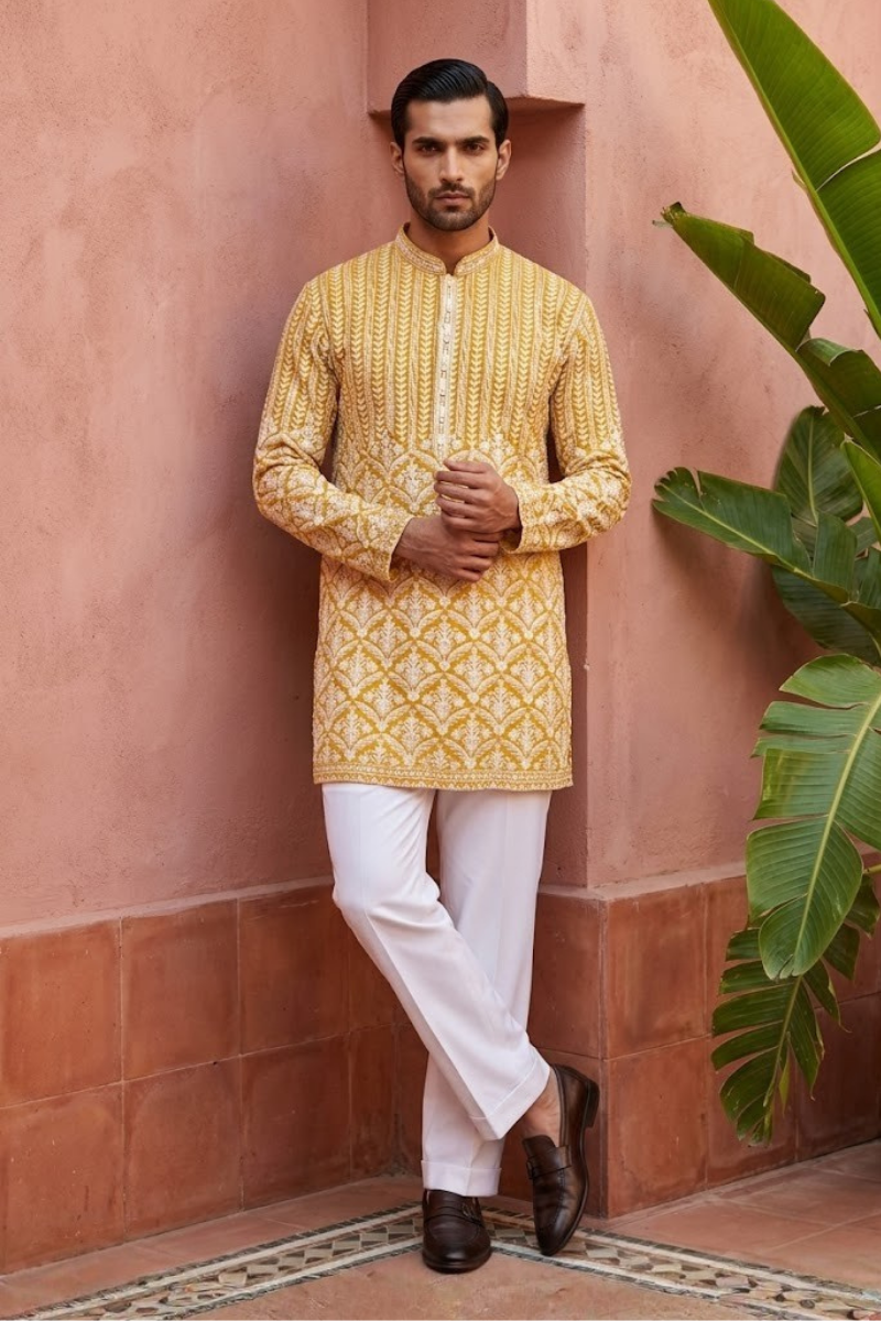 Yellow colour mirror work and embroidered kurta set