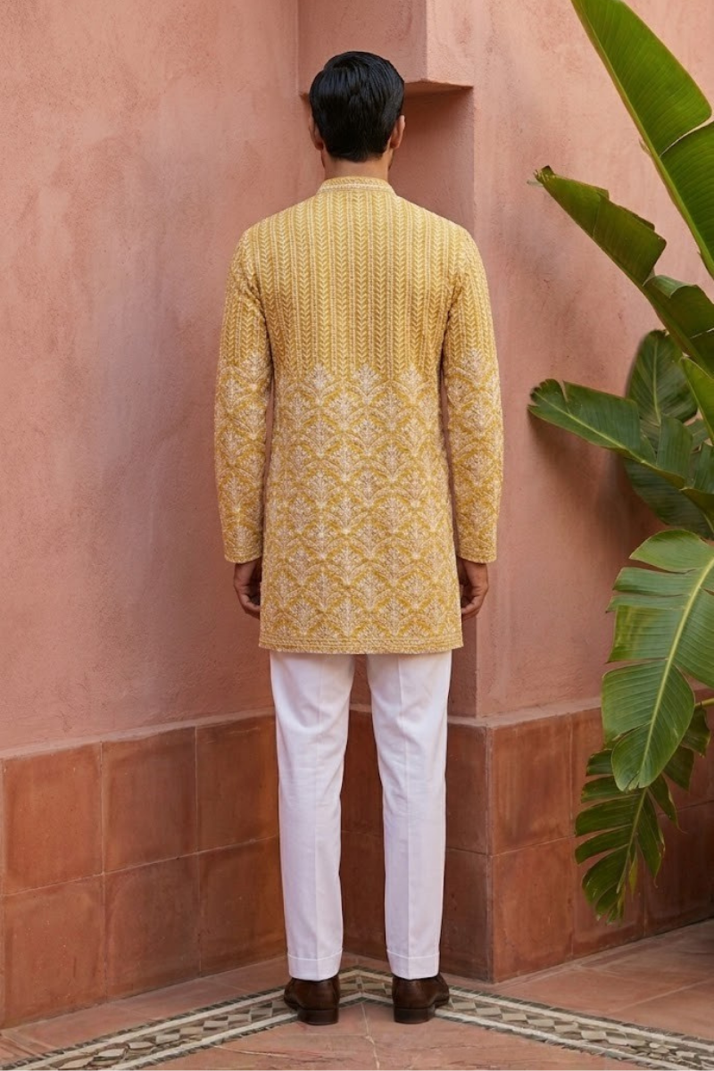 Yellow colour mirror work and embroidered kurta set