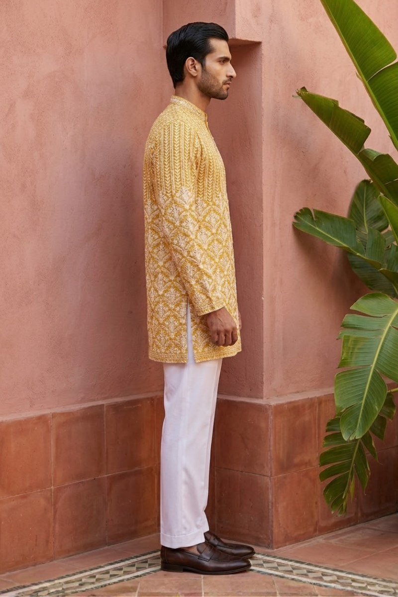 Yellow colour mirror work and embroidered kurta set
