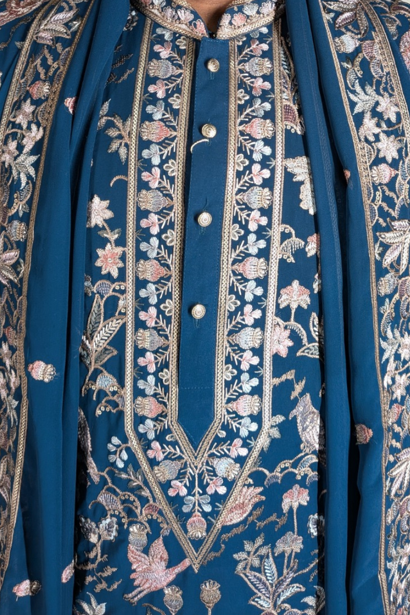 Peacock blue colour kurta top and dupatta with allover thread work