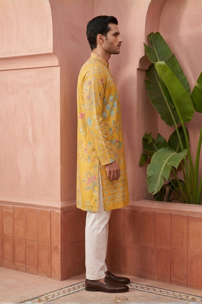 Yellow kurta with floral pattern work