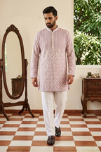 Lilac colour mirror work and embroidered kurta set