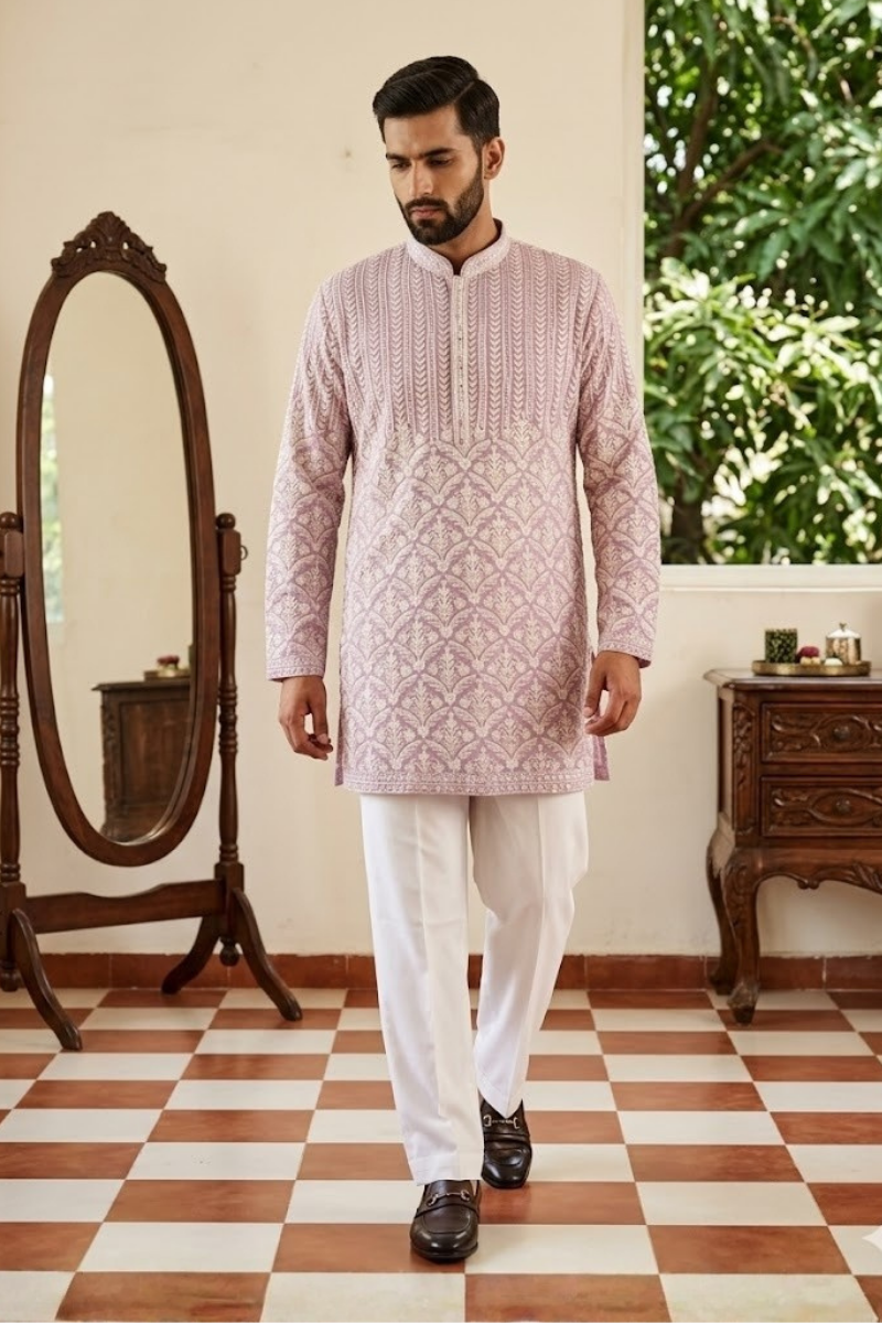 Lilac colour mirror work and embroidered kurta set