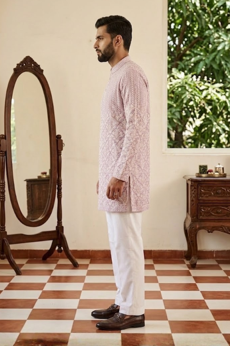 Lilac colour mirror work and embroidered kurta set