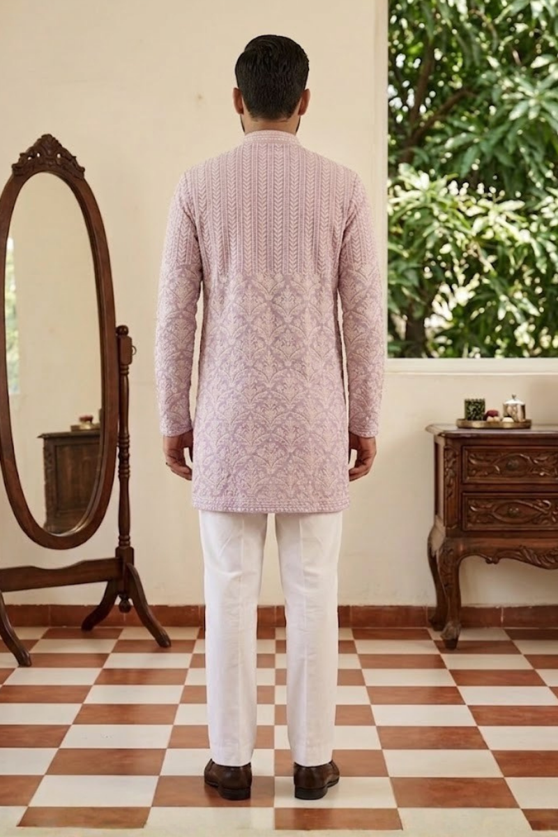 Lilac colour mirror work and embroidered kurta set
