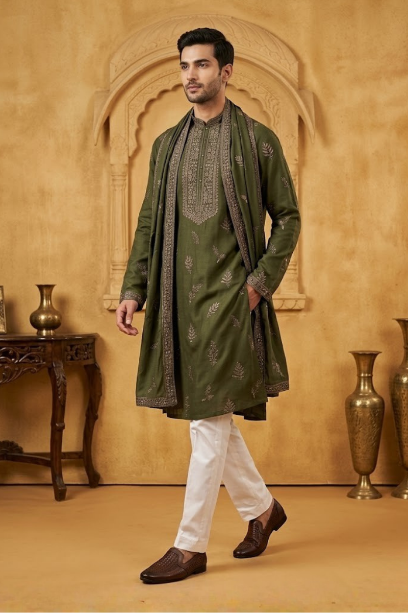 Mehndi colour kurta set and dupatta with embroidery