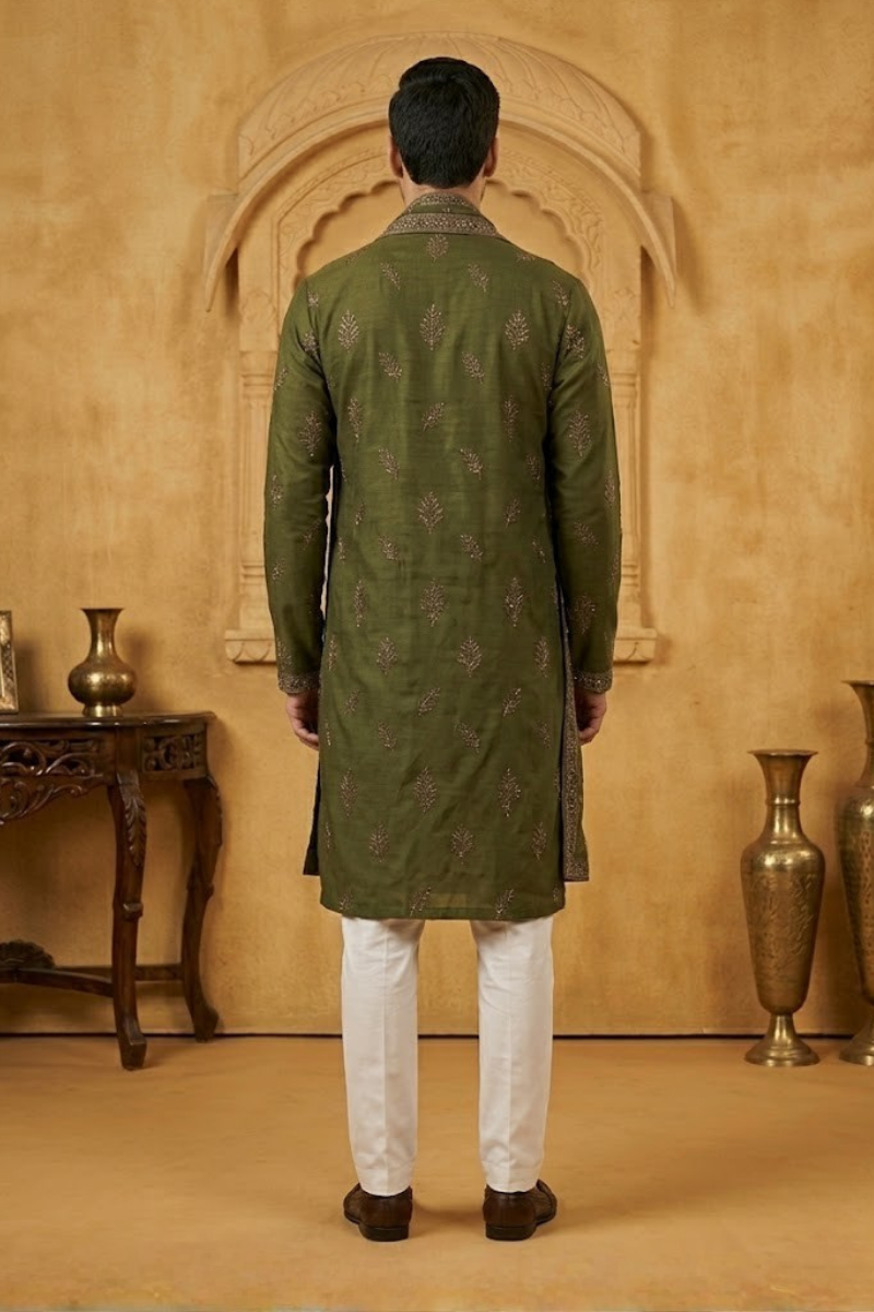 Mehndi colour kurta set and dupatta with embroidery