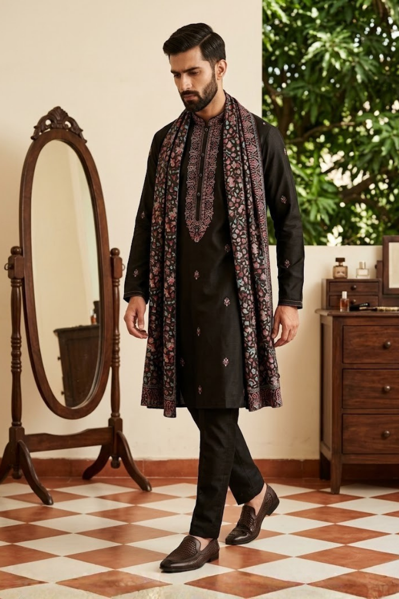 Black kurta set with embroidered dupatta