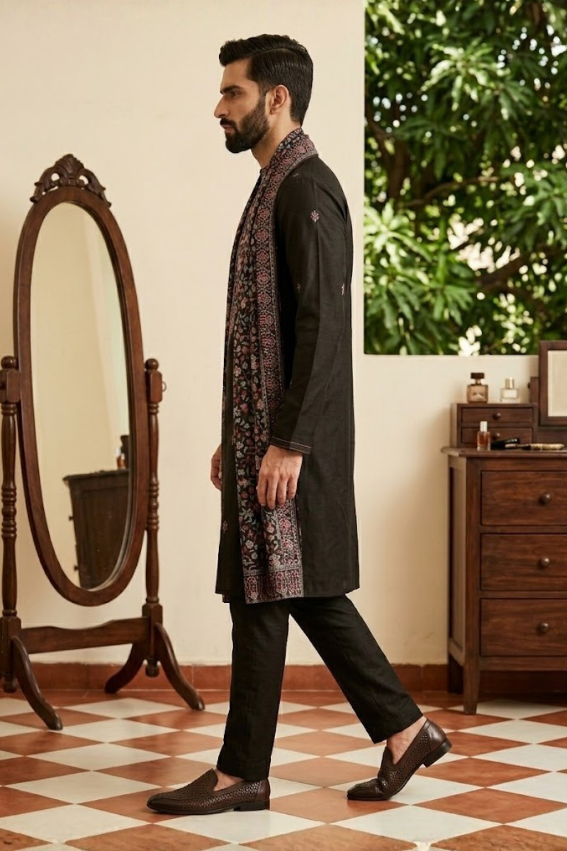 Black kurta set with embroidered dupatta
