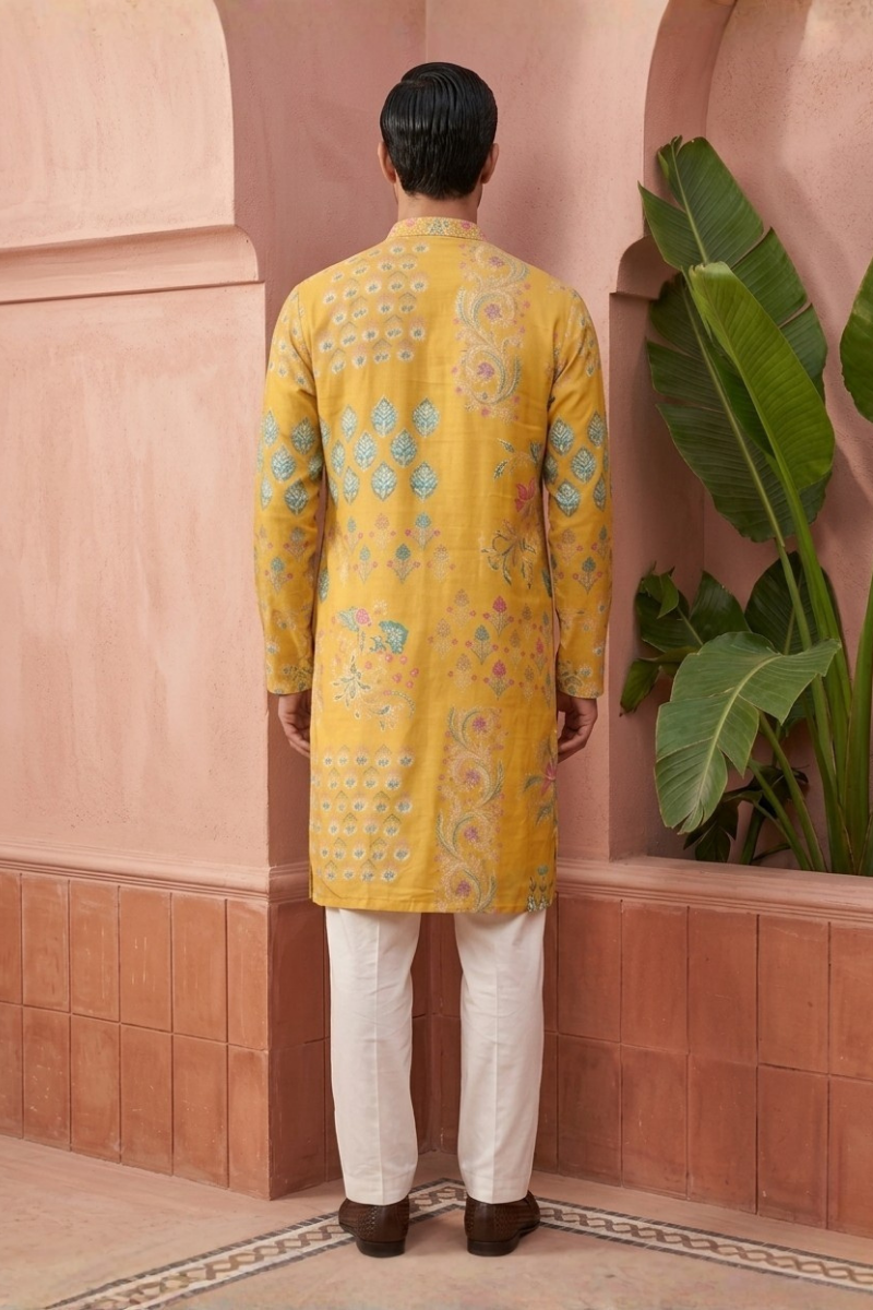 Yellow kurta with floral pattern work
