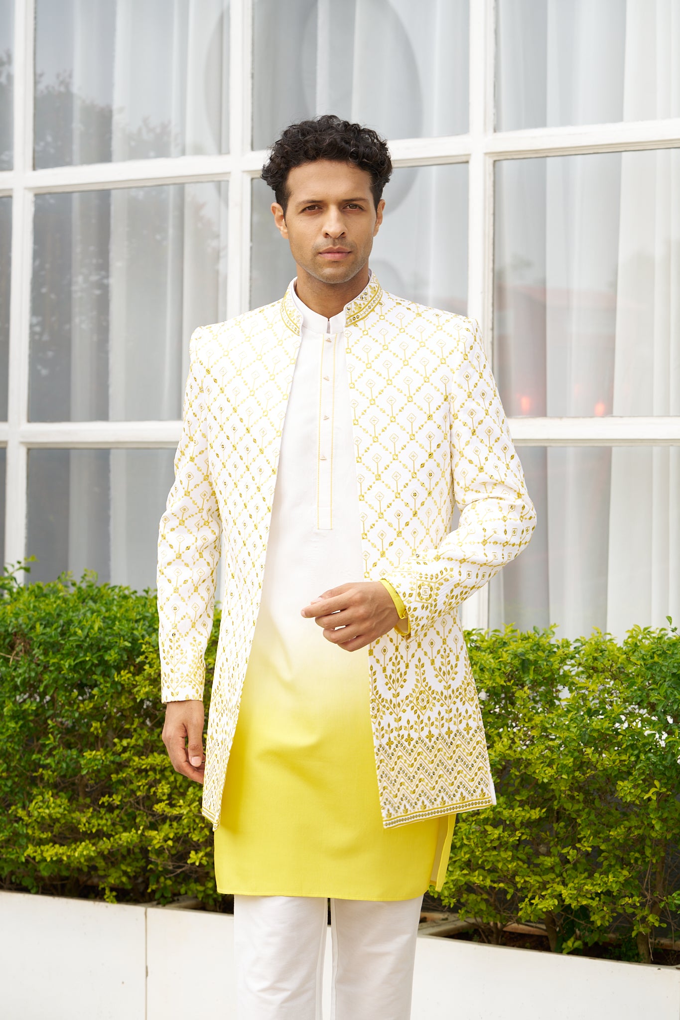 Yellow Indo Western jacket on all over embroidery with mirror work