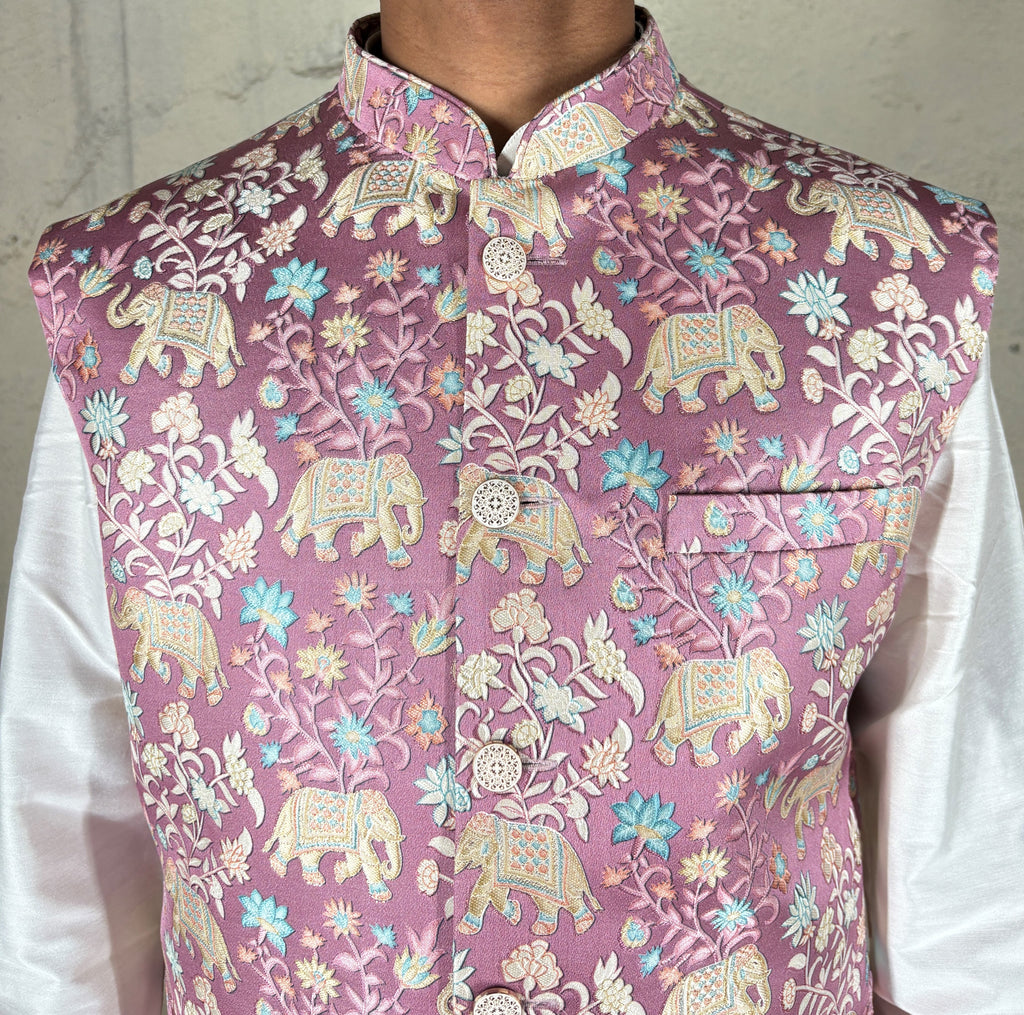 Onion colour half sleeves printed bundi