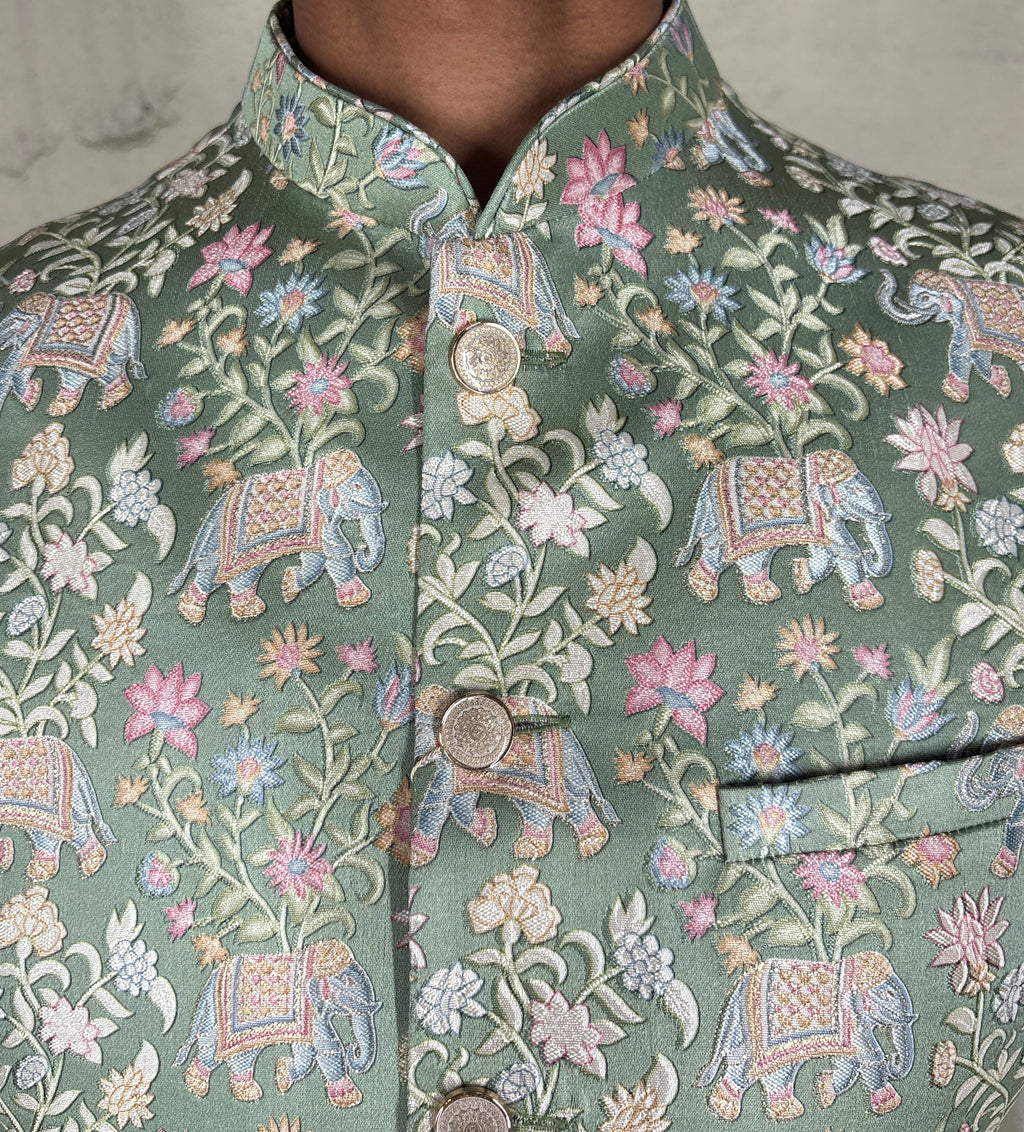 Cotton printed half sleeves bundi with elephant and palm tree pattern