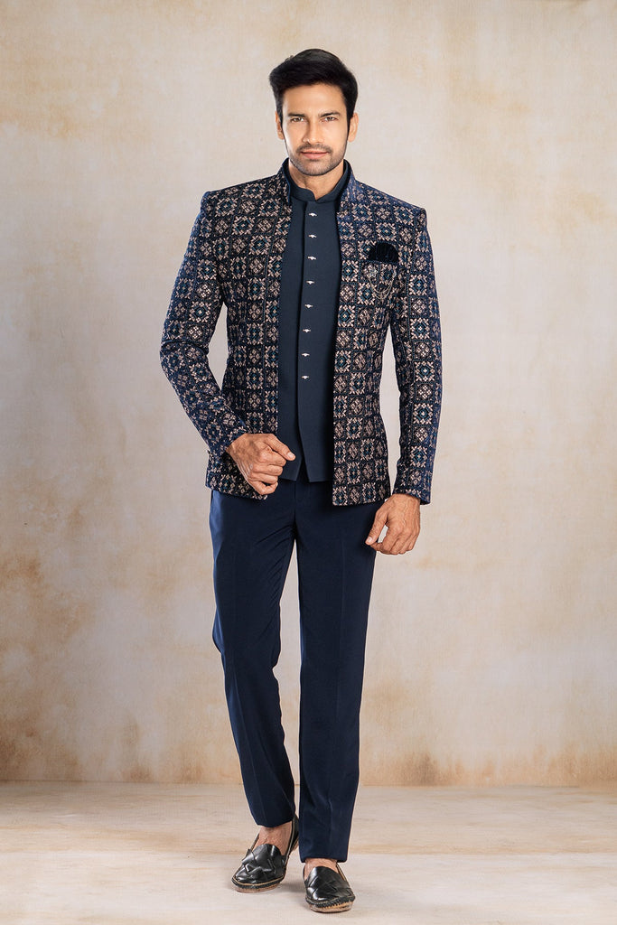 Navy blue jodhpuri set for groom and siders for reception function