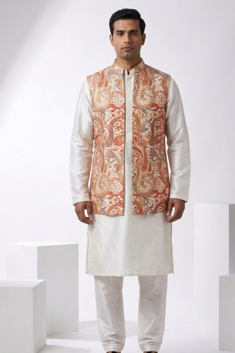 Light pink coloured plain kurta set with printed colourful bundi