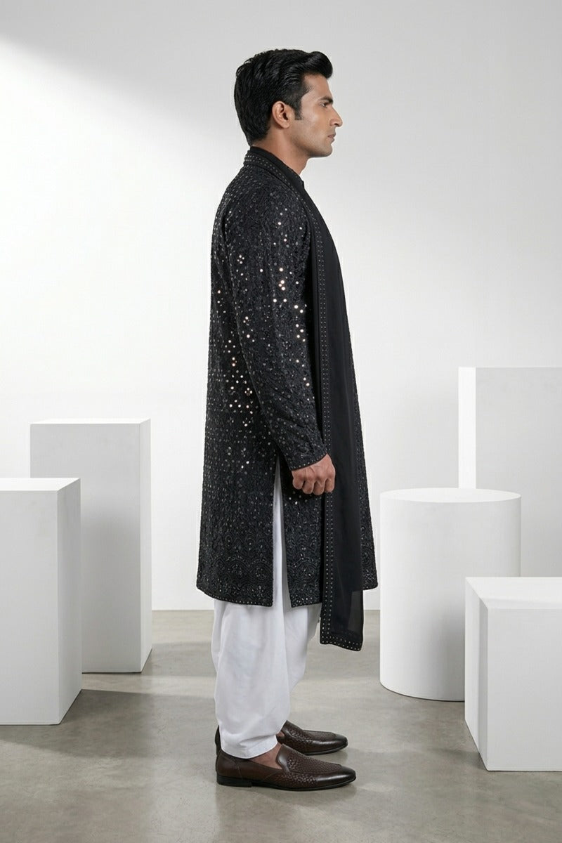 Black Colour kurta top and dupatta with allover thread and mirror work
