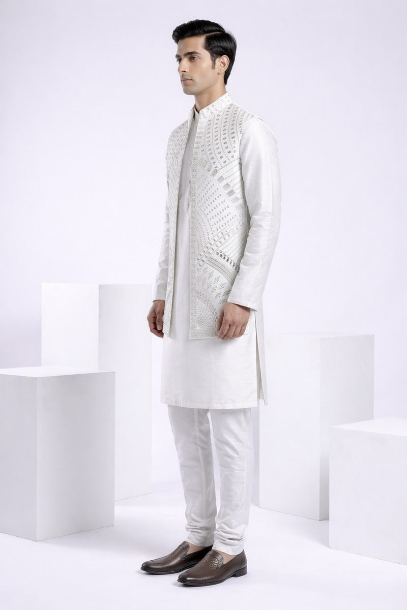 Light grey kurta set with mirror and thread work bundi